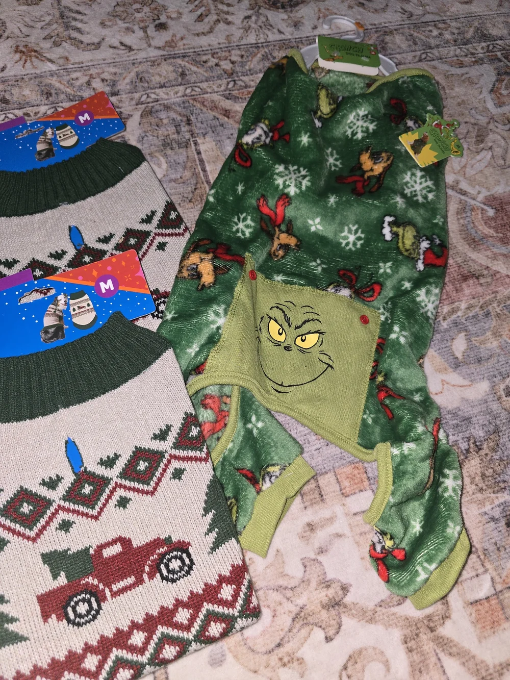 Medium Dog Clothing Bundle With Grinch Onesie & Truck Sweaters